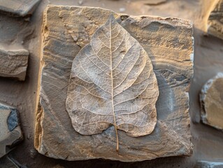 Fossilized leaf imprint on stone