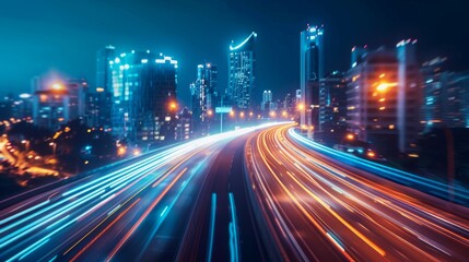 Smart city with speed line glowing light trail surround the city.