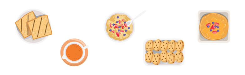 Breakfast Morning Meal Served on Table Above View Vector Set