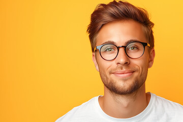 Fototapeta premium Portrait of handsome young modern man wearing eyeglasses and white tee shirt looking at camera and smiling in front of yellow background.