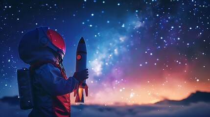 Fototapeta premium A child dressed as an astronaut gazing up at the night sky full of stars, holding a toy rocket, embodying the innocence and boundless dreams of reaching for the stars and exploring the universe