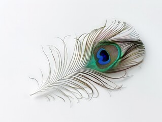 Vibrant peacock feather against a white background