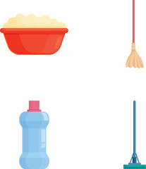 Colorful collection of vector icons featuring common household cleaning items