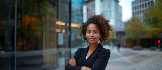 Fototapeta premium Confident Smiling African American Businesswoman, Crossed Arms, Corporate Buildings, Leadership, Empowerment, Copy Space.