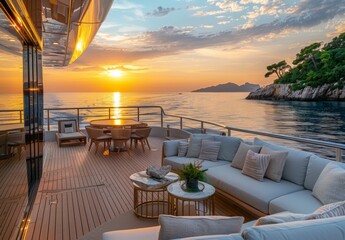 Fototapeta premium Set sail on a journey of extravagance aboard this exclusive private yacht, where a stylish lounge area awaits on deck, offering panoramic ocean views as the sun sets in the distance.