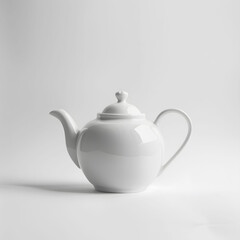 A white teapot sits atop a white table in a minimalist setting