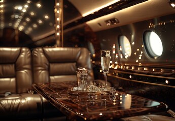Within the confines of a private jet, soft ambient lighting illuminates plush leather seats, offering a glimpse into the luxurious lifestyle of a jet-setting celebrity.