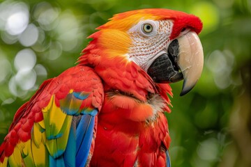 Naklejka premium Vibrant red parrot with yellow and blue feathers