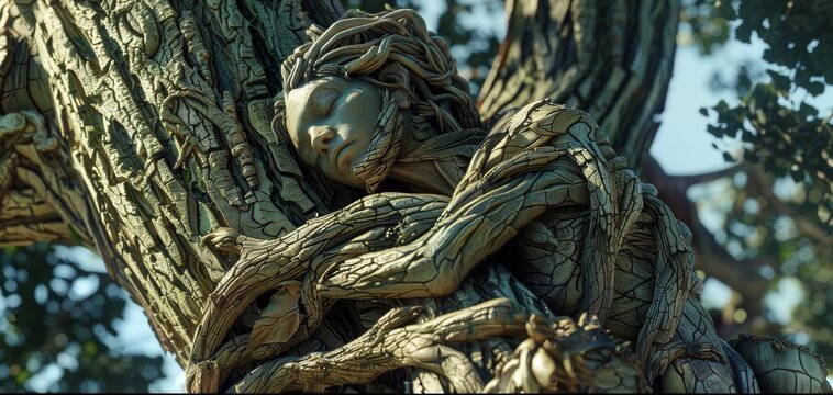 Majestic tree nymph intertwined with the branches of a giant oak