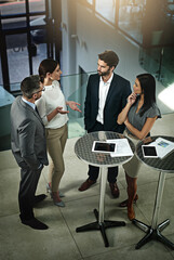 Boardroom, ideas and tablet for employees with executive, conversation and planning of project for...