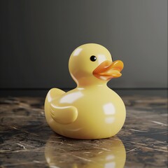 Yellow plastic rubber duck, bathing toy for kids, with reflection.