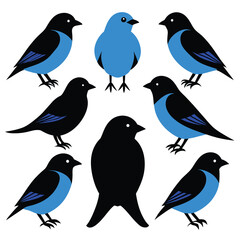 Set of Blue Tanager BlueGrey Tanager animal black silhouettes vector on white background