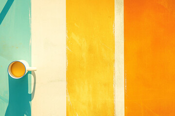 White coffee cup casting a shadow on a background with vertical stripes of light blue, yellow, and orange