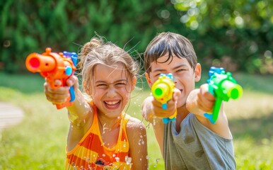 Happy kids having a blast with water guns on a bright summery day outdoors