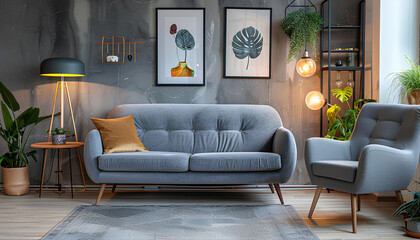 Interior of living room with cozy grey sofa, armchair and glowin