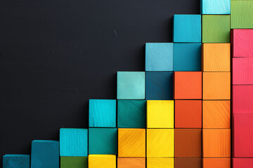 Colorful wooden blocks stacked in a pattern against a dark background creating a playful and structured design