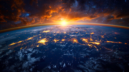 Panoramic view of planet Earth globe from space. Glowing city lights, light clouds.