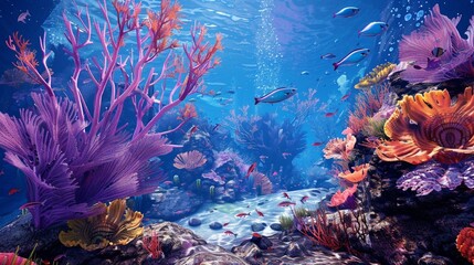 A beautiful image of a coral reef with a variety of sea fans and fish swimming around.