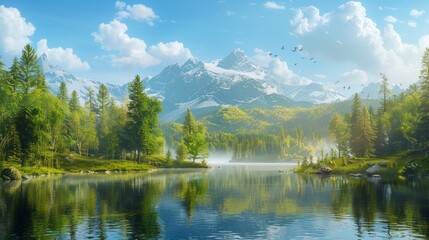 A beautiful landscape of a lake and forest, with a mountain and sky in the background.