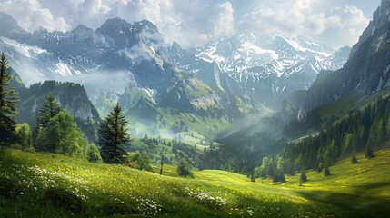 A beautiful landscape of a valley with green grass and trees, surrounded by mountains. - Powered by Adobe