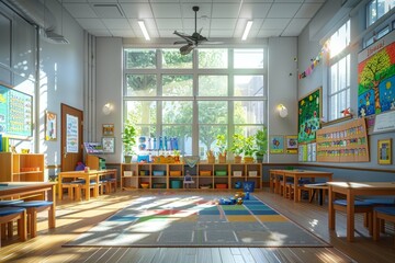 nursery school with bright yellow room with a lot of windows and a lot of toys
