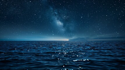 A beautiful night sky with stars shining above a calm sea.
