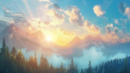 a beautiful sunrise over the mountain range. The sky is blue with white clouds. The sun is on the left side, shining through the clouds. The mountain peaks are covered in mist