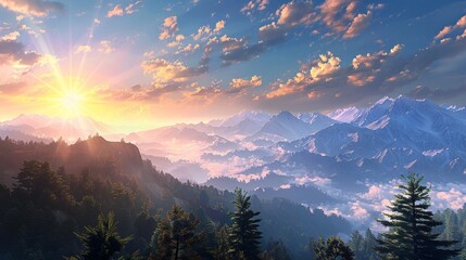 a beautiful sunrise over the mountain range. The sky is blue with white clouds. The sun is on the left side, shining through the clouds. The mountain peaks are covered in mist - Powered by Adobe
