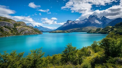 A bright blue lake surrounded by mountains and trees.