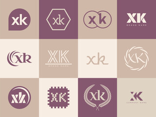 XK logo company template. Letter x and k logotype. Set different classic serif lettering and modern bold text with design elements. Initial font typography.