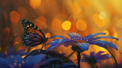 A butterfly sits on a purple flower with a yellow and orange background. - Powered by Adobe