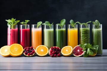 Fototapeta premium Fresh organic fruit smoothies in glasses on the table. Fresh fruit smoothies on the black background