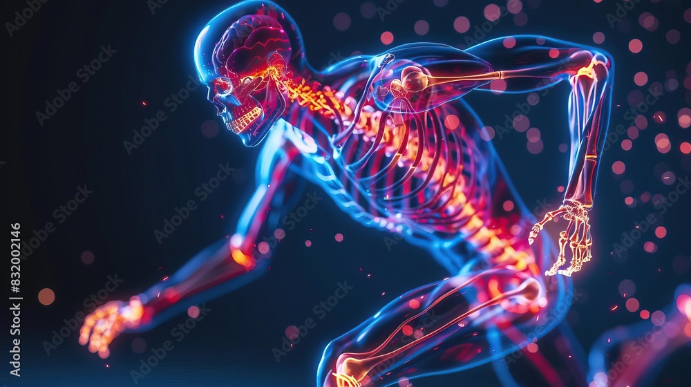 Wall mural closeup view of a running human skeleton with highlighted joints indicating pain - Wall murals