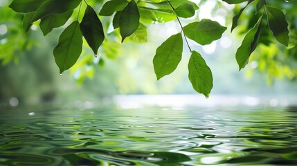 a close-up of green leaves hanging over a body of water. The leaves are vibrant and the branch extends from the middle of the frame. The water is calm and reflects the greenery - Powered by Adobe