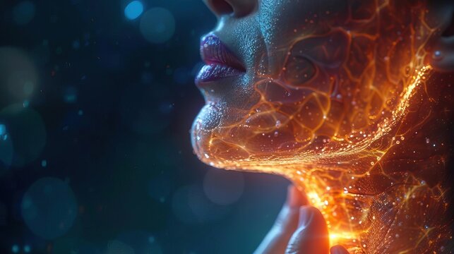 Closeup view of a woman holding her neck with a highlighted pain area