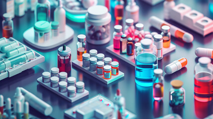 A bunch of pills are floating in a blue and pink background