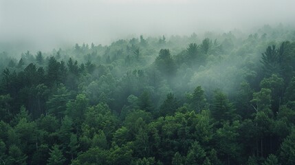 A dense forest of green trees stretches to the horizon. The sky is gray and foggy.
