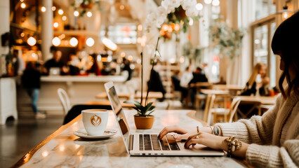 Person working on a laptop in a cozy and modern cafe with a coffee cup. Ideal for business, technology, and lifestyle concepts.