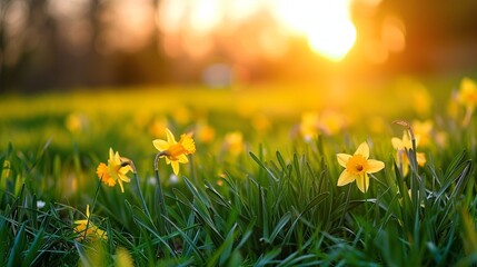 a field with green grass and yellow flowers, possibly daffodils, with the sun setting in the background.