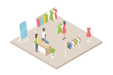 Clothing store isometric interior with shop assistants helping customers choose clothes and shoes 3d vector illustration.