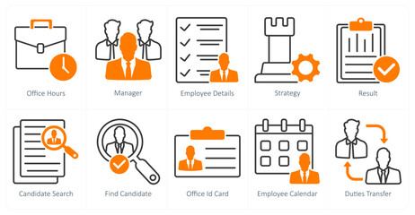 A set of 10 business and office icons as office hours, manager, employee details