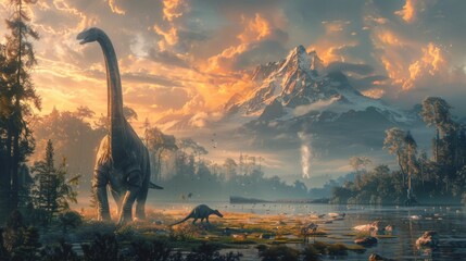A panoramic view of a vast, mist-covered landscape dotted with ancient volcanoes, where mighty sauropods graze peacefully.