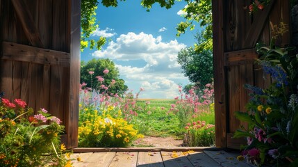 Rustic door opening to a picturesque field, vibrant greenery and colorful blossoms, with a clear blue sky above