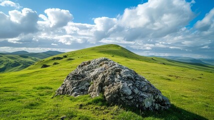 A grassy hill with a large rock in the middle and a sky background.