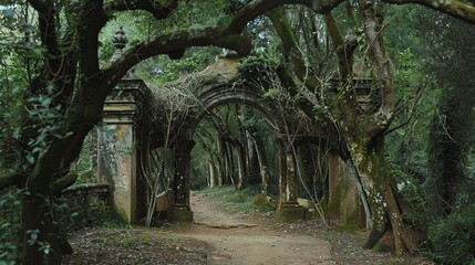 Enigmatic Entrance, Archway Draped in Vines Amidst Magical Forest. Generative Ai