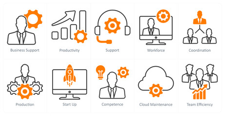 A set of 10 business and office icons as business support, productivity, support