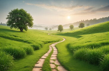 beautiful view, path through a field of green grass in the morning. Beautiful natural look.