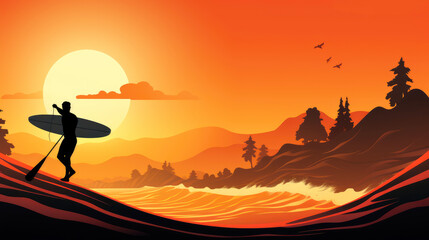 generated illustration of a surfer's silhouette against a vibrant sunset, highlighting the sport on International Surfing Day.