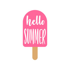 Logo popsicle. Texto manuscrito Hello Summer en silueta de helado de paleta © teracreonte