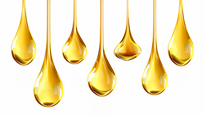 Close-up of golden oil droplets suspended against a white background. The image emphasizes the purity and richness of the liquid, suitable for themes of beauty, skincare, and natural products.